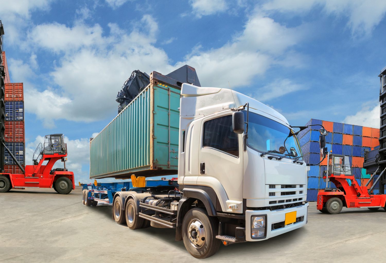 Truck with Industrial Container Cargo for Logistic Import Export at yard.